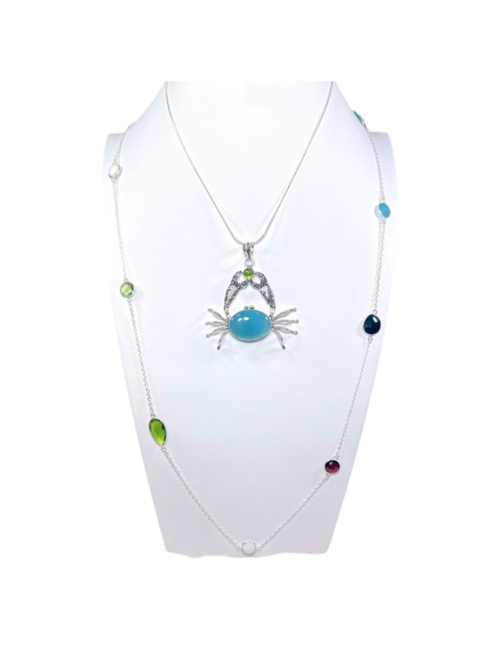 Natural Blue Chalcedony Crab 925 Pendant & Multi Stone Delicate Necklace 36”